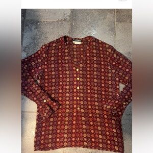 Salvatore Ferragamo Maroon and Gold Medallion Button-Up Silk Blouse. Size 8 EUC